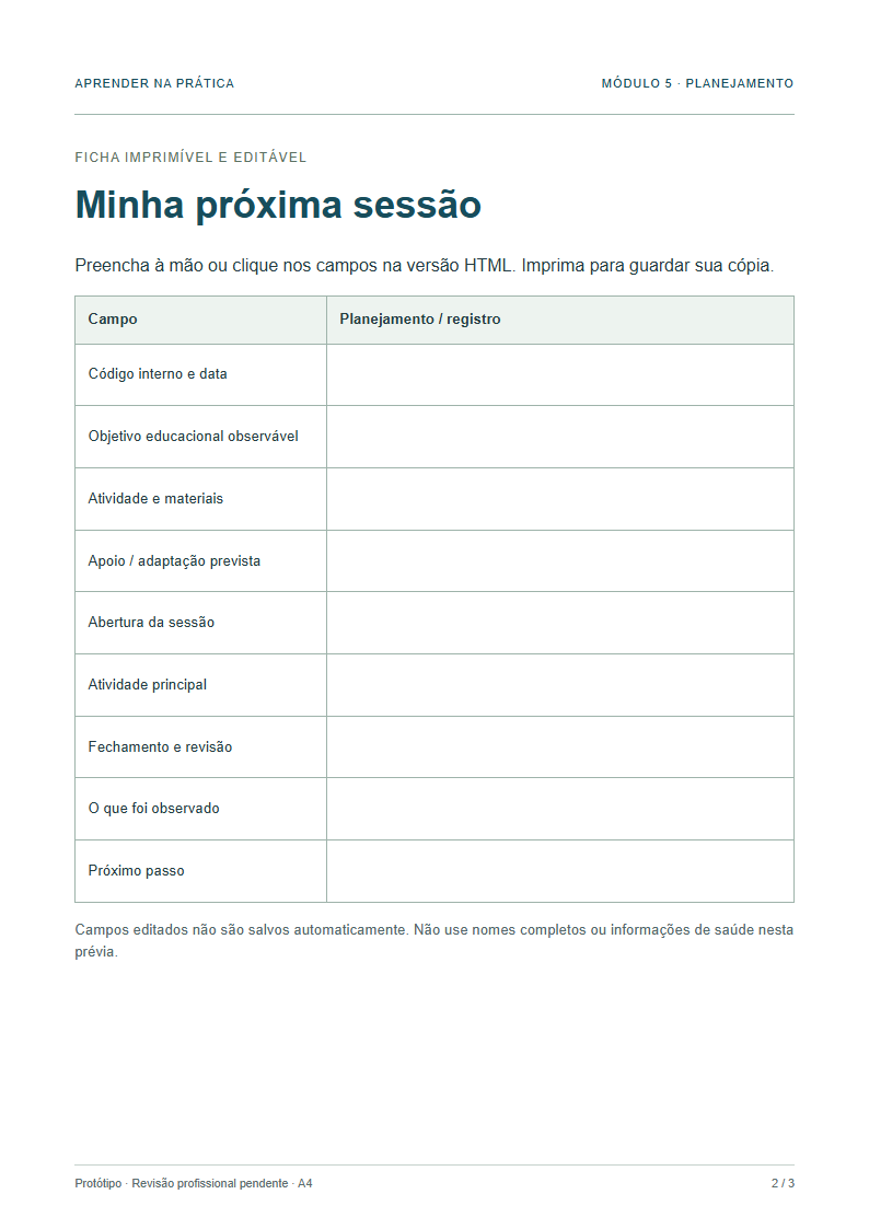 Plano de sessão e observação